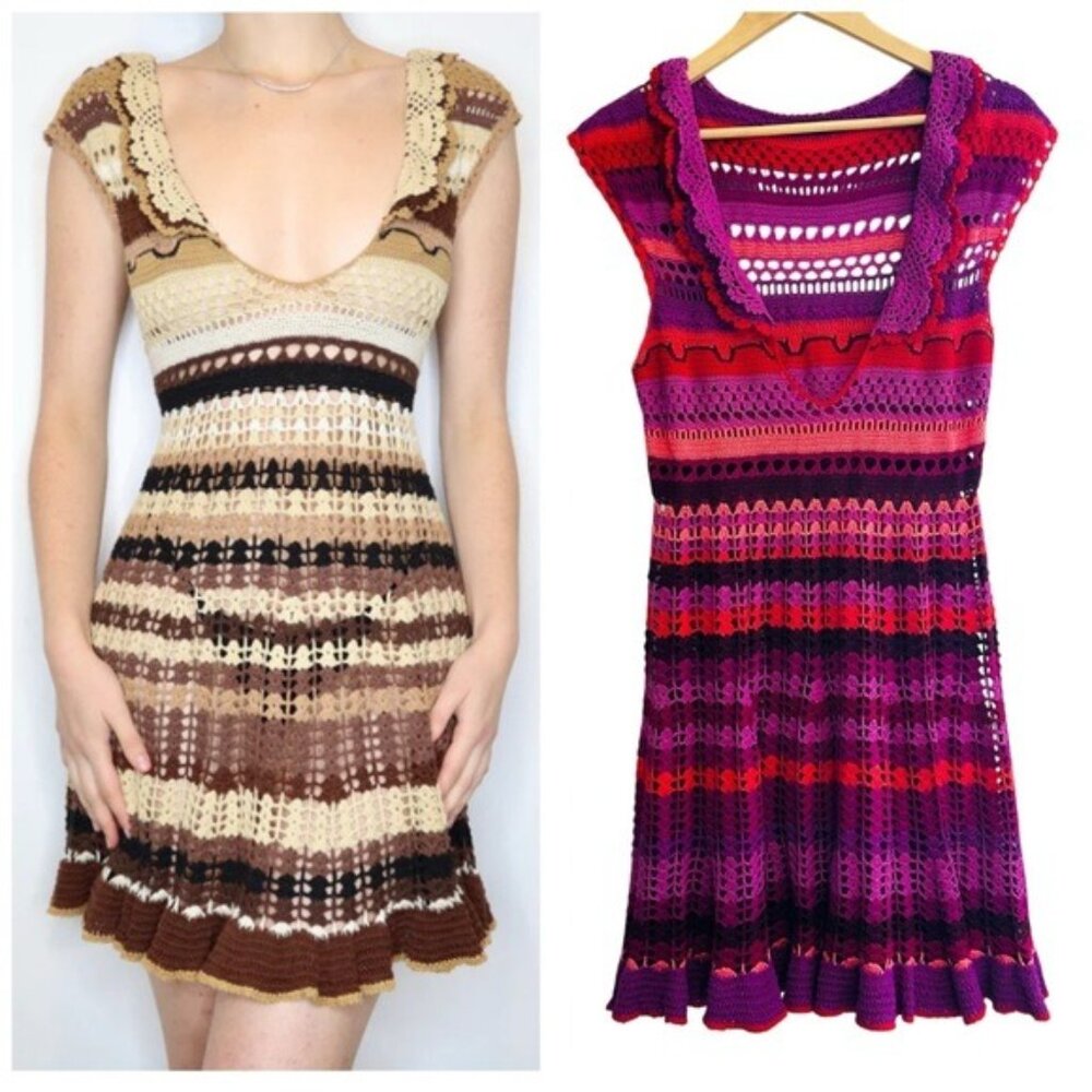 VTG Betsey Johnson Crochet Cover-Up Dress S Boho Y2K Festivalcore Rare Colorful